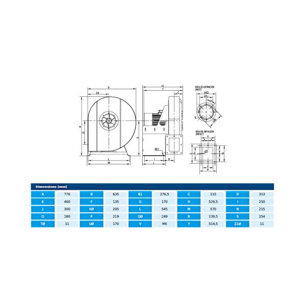 AA 45/5 T2 3kW — ventilator centrifugal de înaltă presiune, rotor aluminiu turnat cu auto-curățare, pale curbate înapoi, IP55, 400V