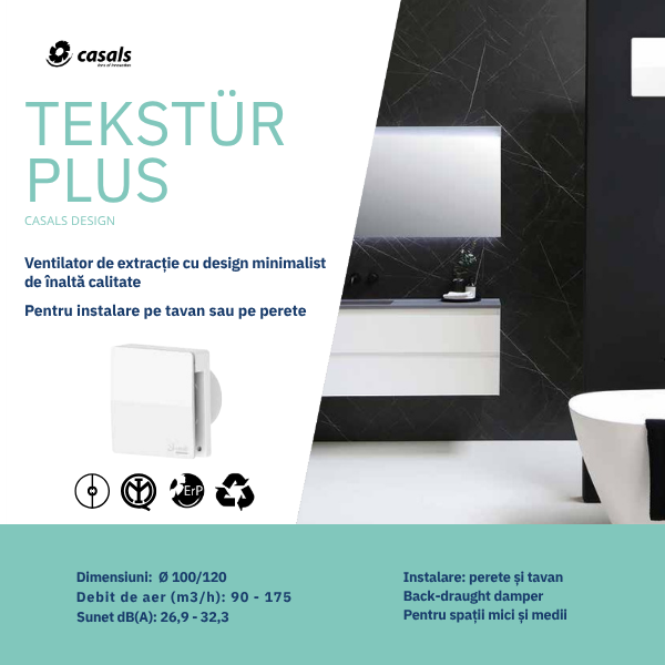 Extractor Axial Silențios  TEKSTUR PLUS 100 LL – 100 m³/h, Clapetă Anti-Retur