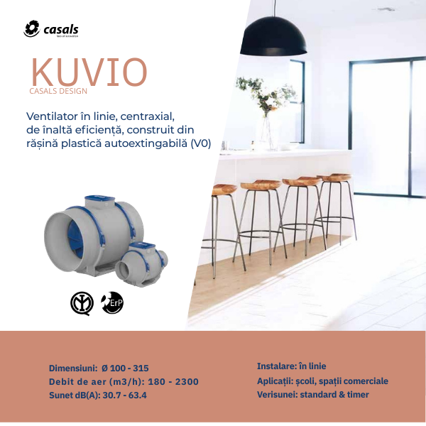 Casals Kuvio 200 — helico-centrifugal inline duct fan 1,135 m³/h for concealed ceiling installation