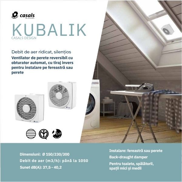 Casals Kubalik 230 — reversible axial wall and window fan 450 m³/h with automatic backdraft damper