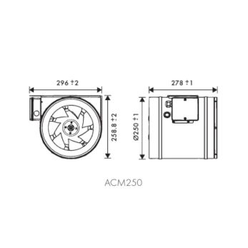 ACM 250 — ventilator mixed flow inline industrial 1.620 m³/h, IP54, carcasă metal zincat