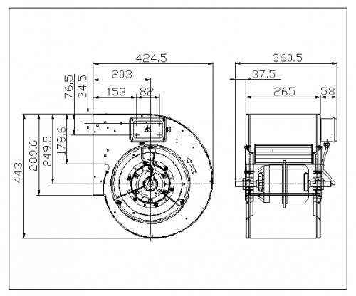 DDM 10/8 E6G3603 Ventilator centrifugal dublu aspirant DWDI 4.140 m³/h, motor rotor extern ERM, IP55, 400V