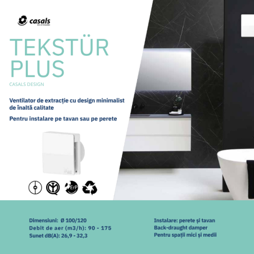 Extractor Axial Silențios  TEKSTUR PLUS 100 LL – 100 m³/h, Clapetă Anti-Retur