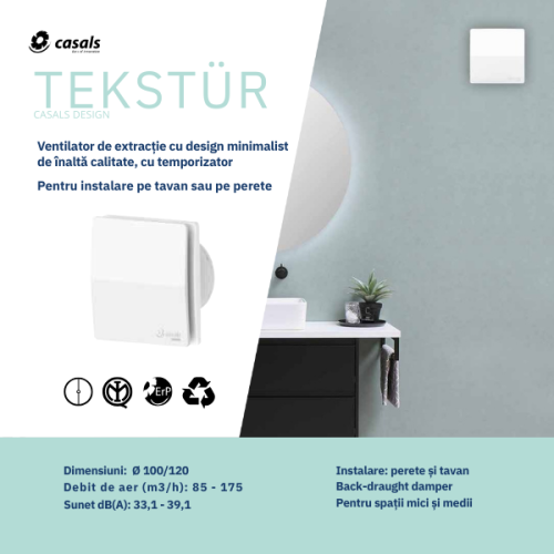 Extractor Axial Premium Tekstur 120 T Casals – 180 m³/h, Timer Integrat și Panou Texturat Dublu