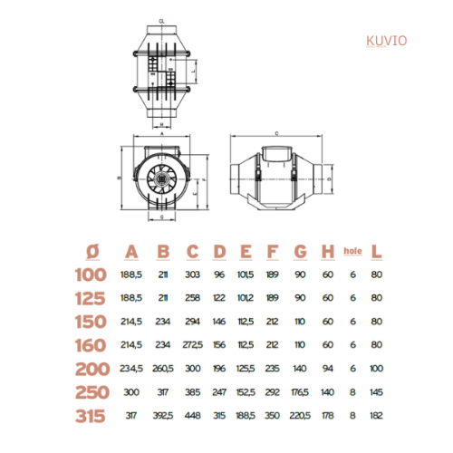 Casals Kuvio 200 — helico-centrifugal inline duct fan 1,135 m³/h for concealed ceiling installation